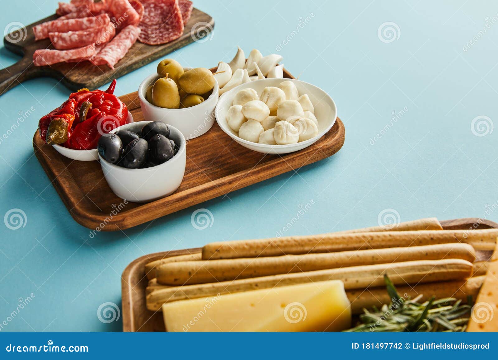 High Angle View of Antipasto Ingredients on Boards Stock Photo Image