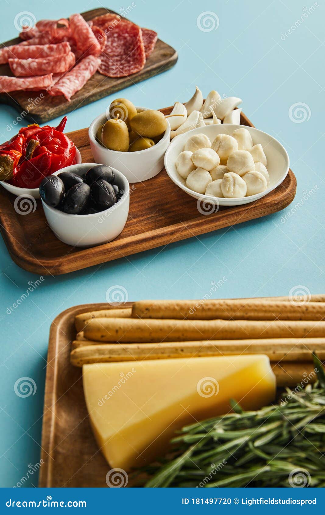 High Angle View of Antipasto Ingredients on Boards Stock Photo Image