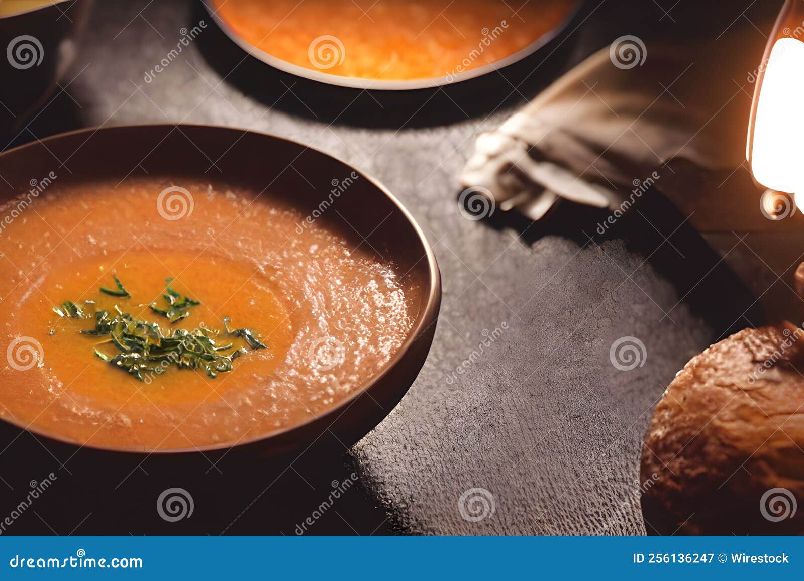 Highangle View of a Bowl of Orange Soup with Green Dressing Placed on