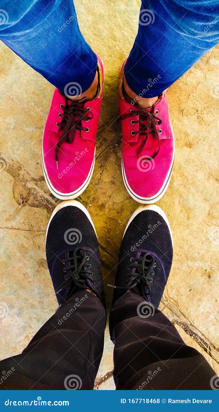 high angle view of couples shoes