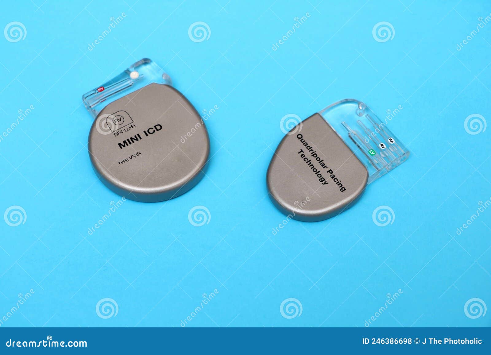 high angle view of an crt-p device and and an icd device . image  on a blue background.
