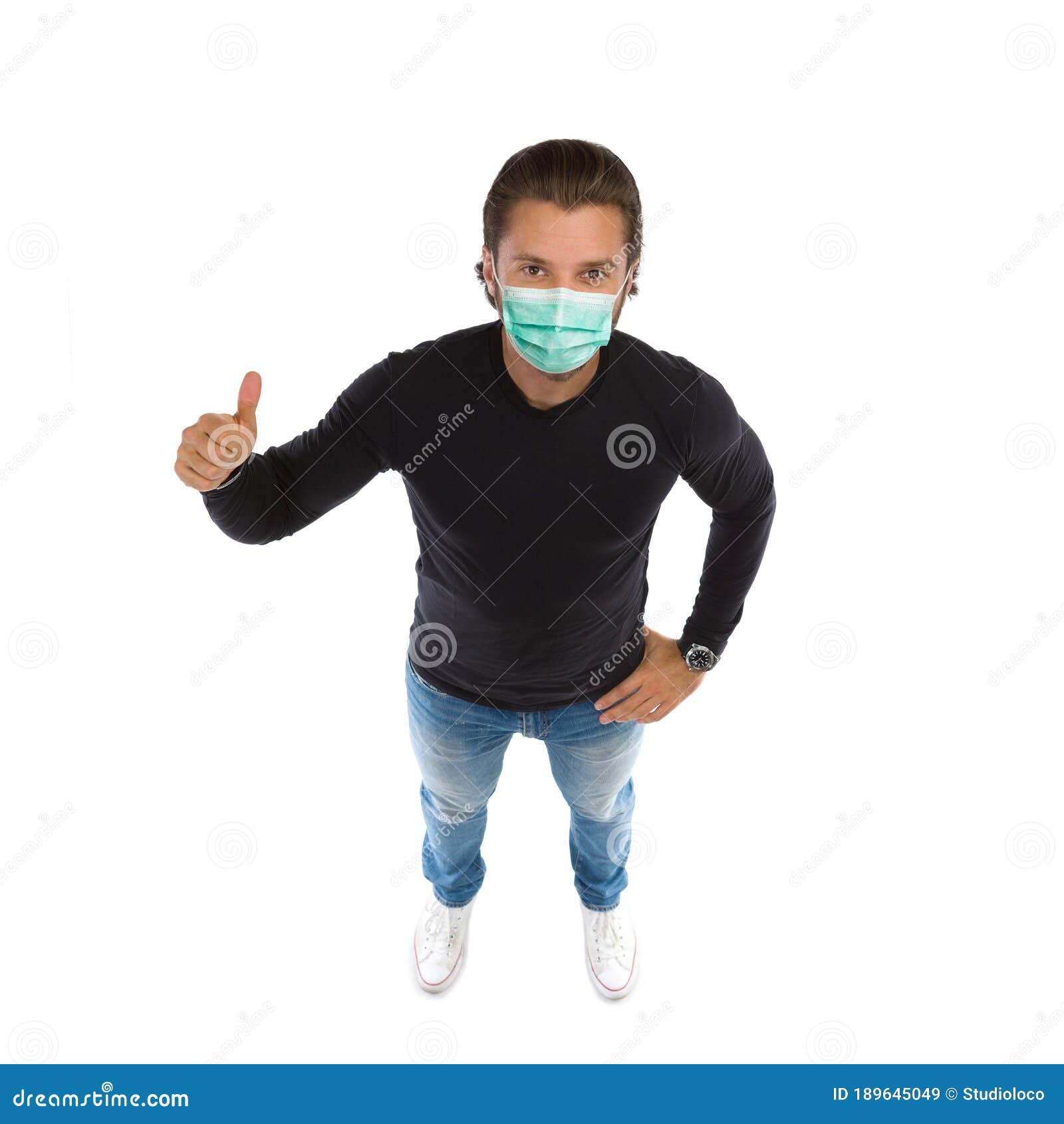 High Angle View of Man Wearing Face Protective Mask and Showing Thumb ...