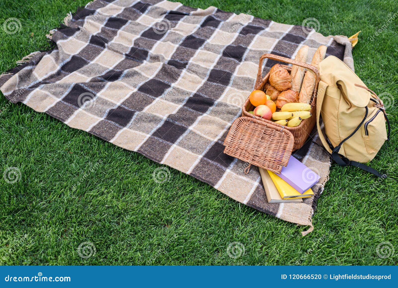 High Angle View of Picnic Basket, Backpack and Books on Plaid Stock