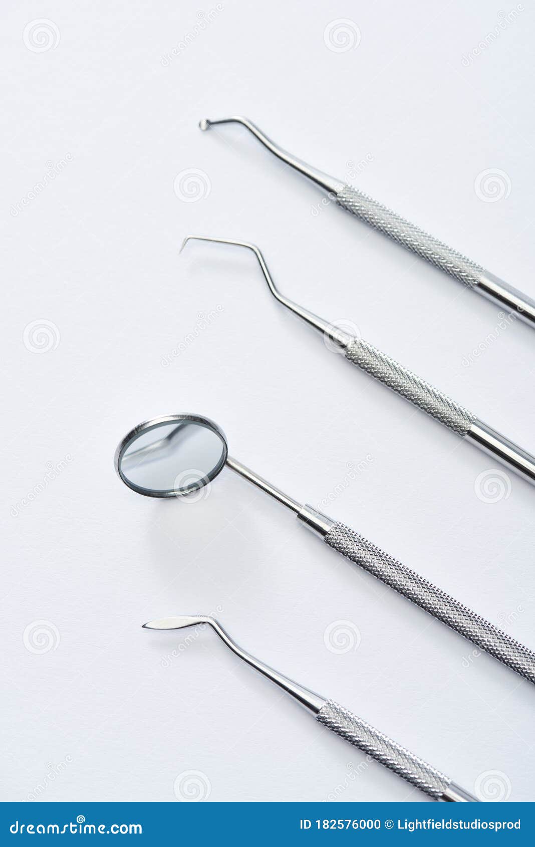 High Angle View of Professional Dental Examination Instruments Stock