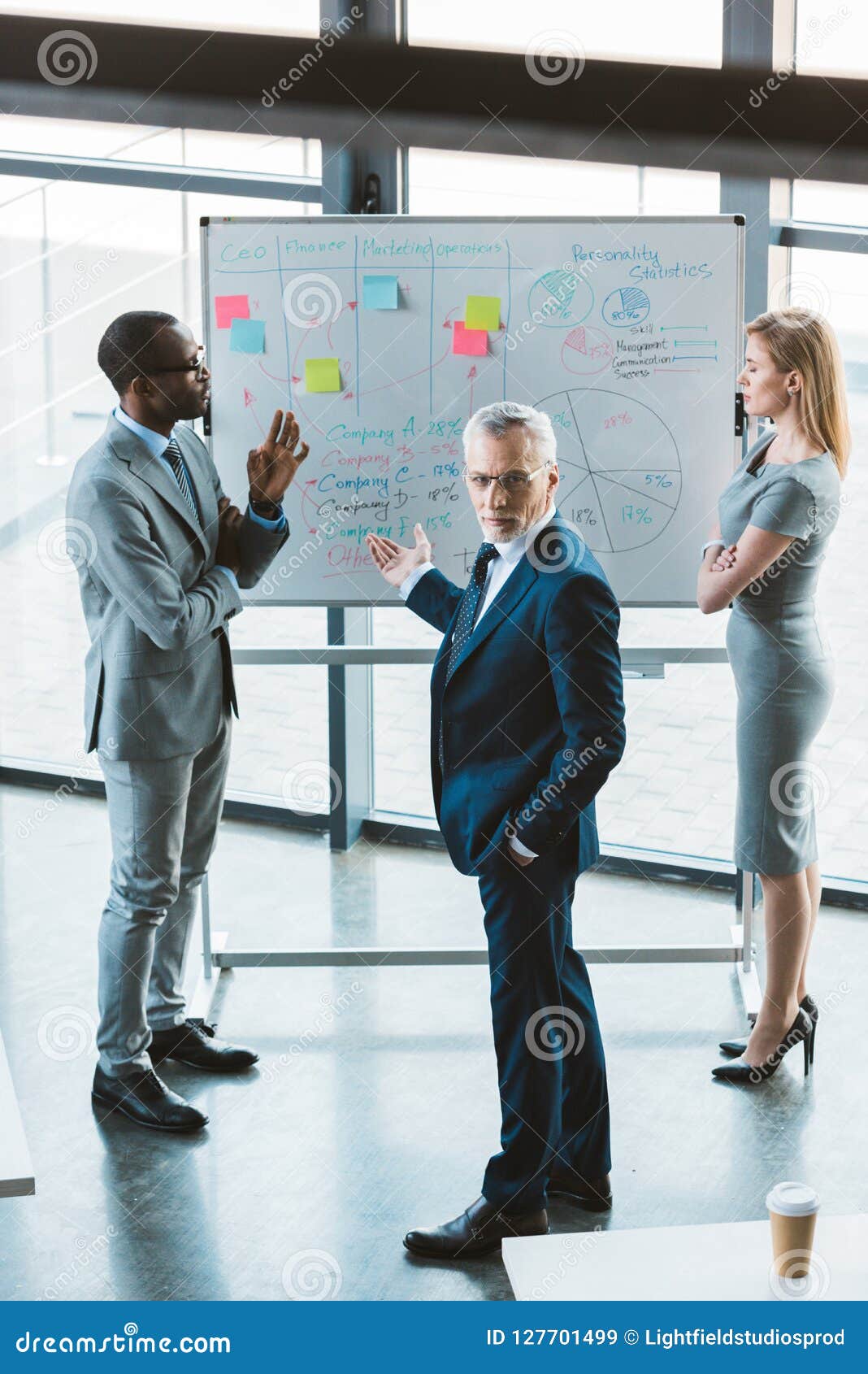 high angle view of professional multiethnic business people discussing charts and graphs