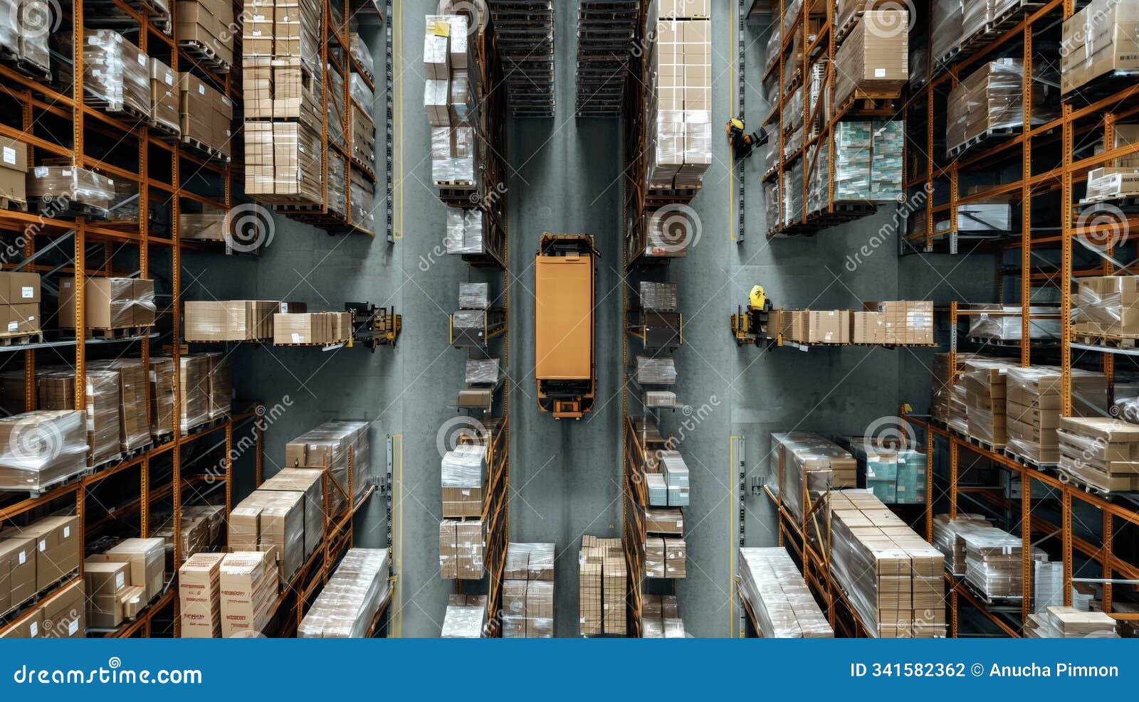 high angle view of warehouse filled with organized shelves and boxes. generative ai .