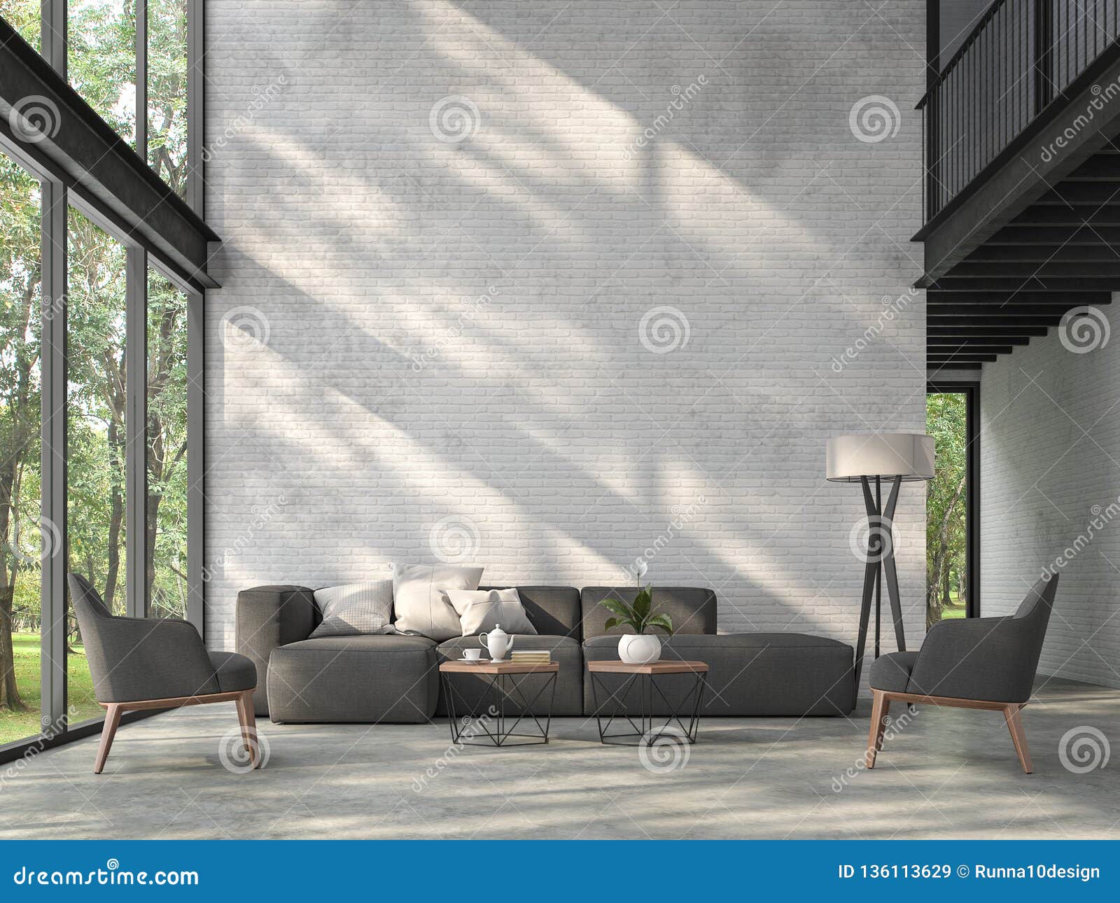 high ceiling loft living room with nature view 3d render