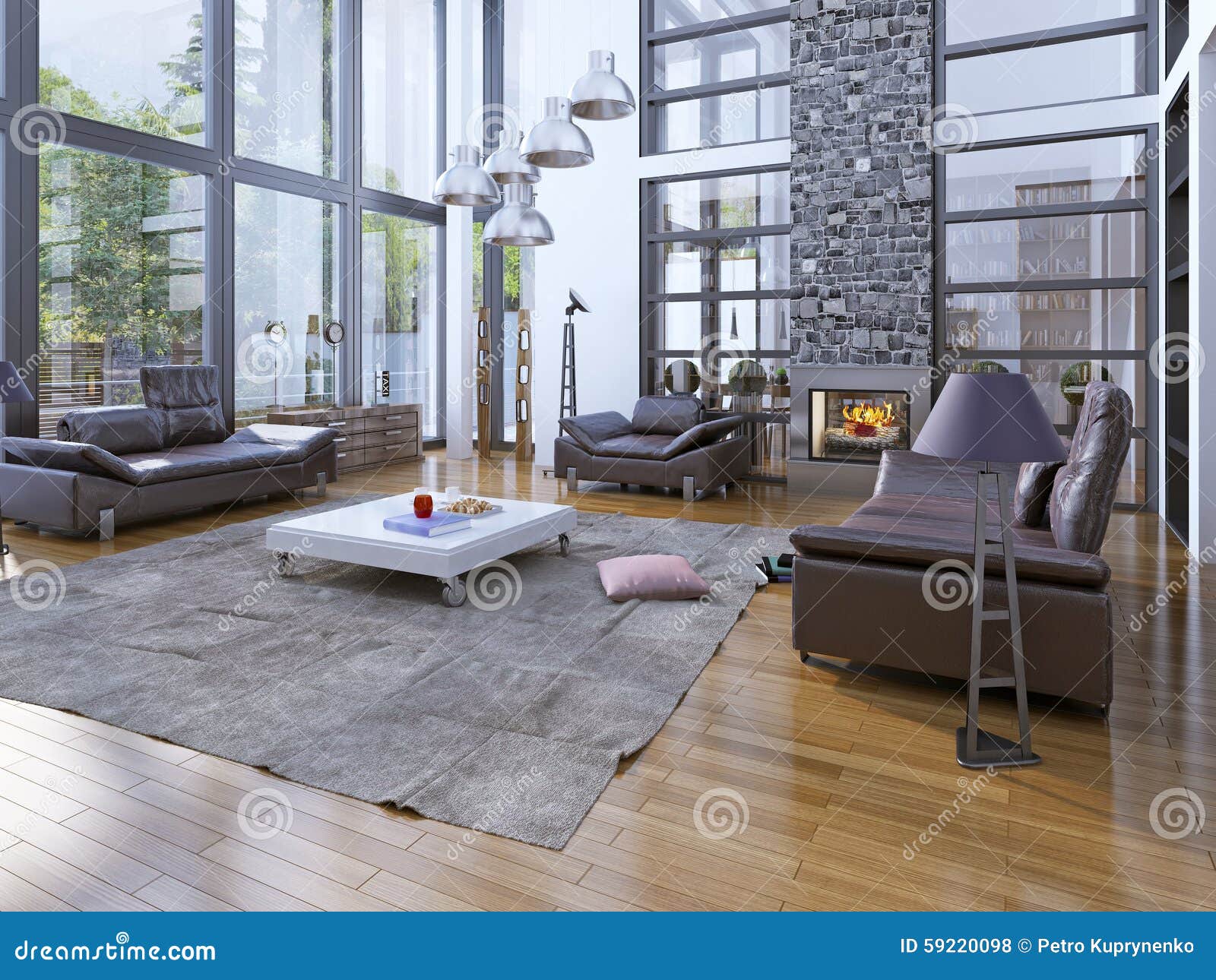 High Ceilings Living Room With Fireplace Stock Photo Image Of