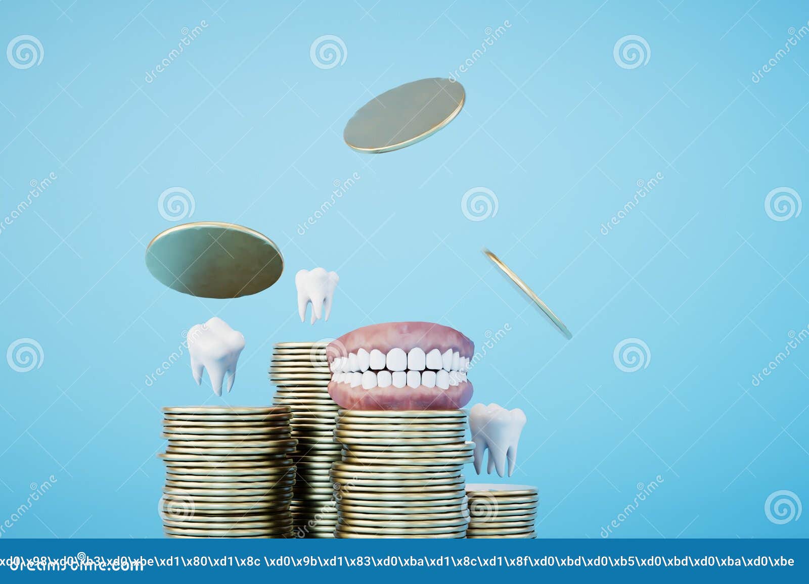 High Cost of Dental Services. Teeth and Stacks of Coins on a Blue