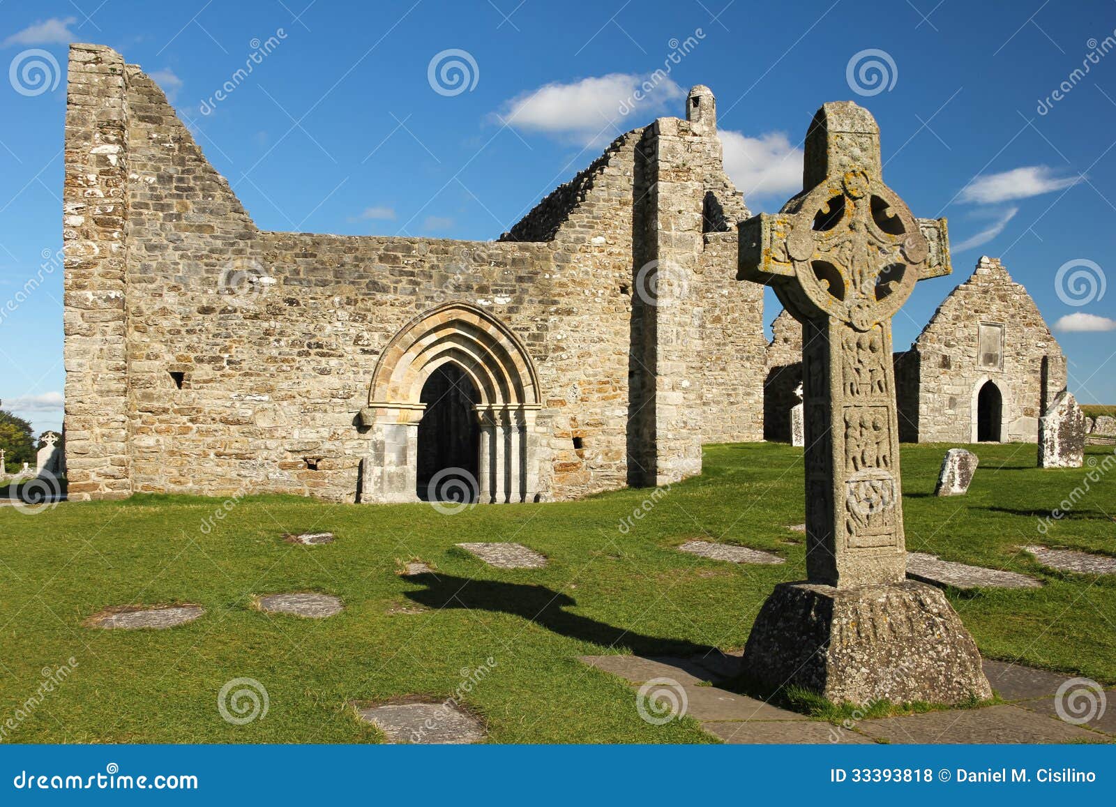 high cross of the scriptures and cathedral. clonmacnoise. ireland