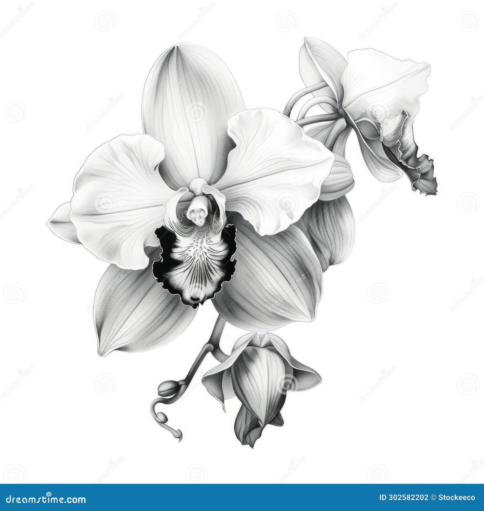 Highdefinition Black and White Ink Illustration of Orchid Stock