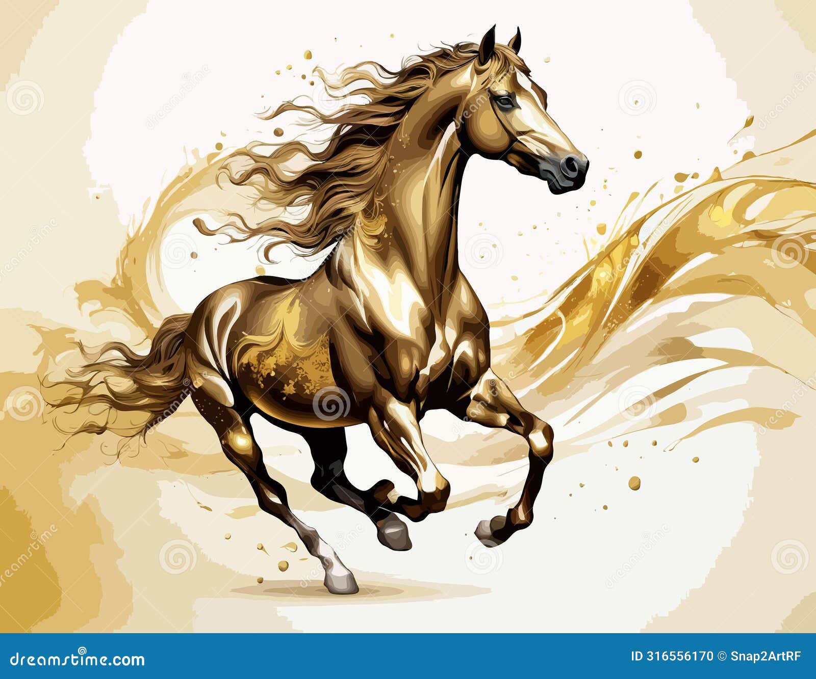 high detailed full color  - a fantastical, glowing conceptual  of a golden powerfully muscular stallion