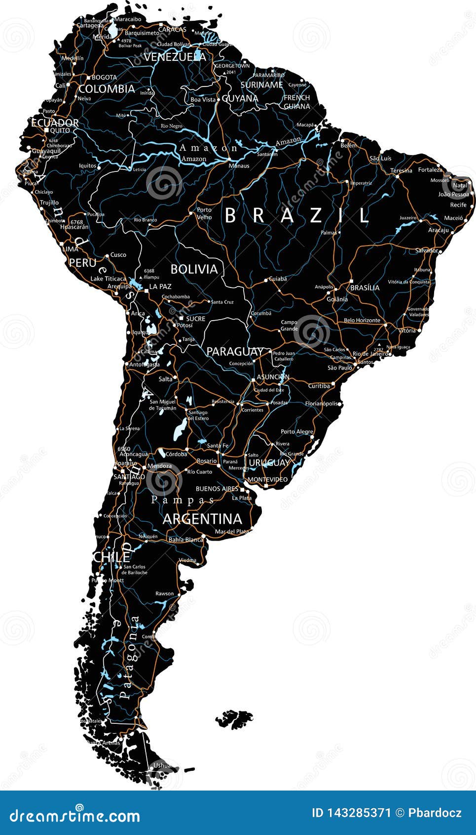 high detailed south america road map with labeling - black.