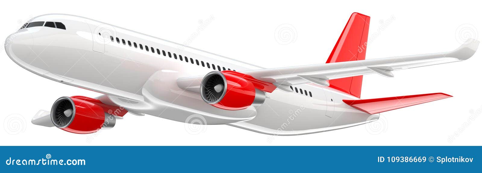 high detailed white airliner with a red tail wing, 3d render on a white background. airplane take off,  3d
