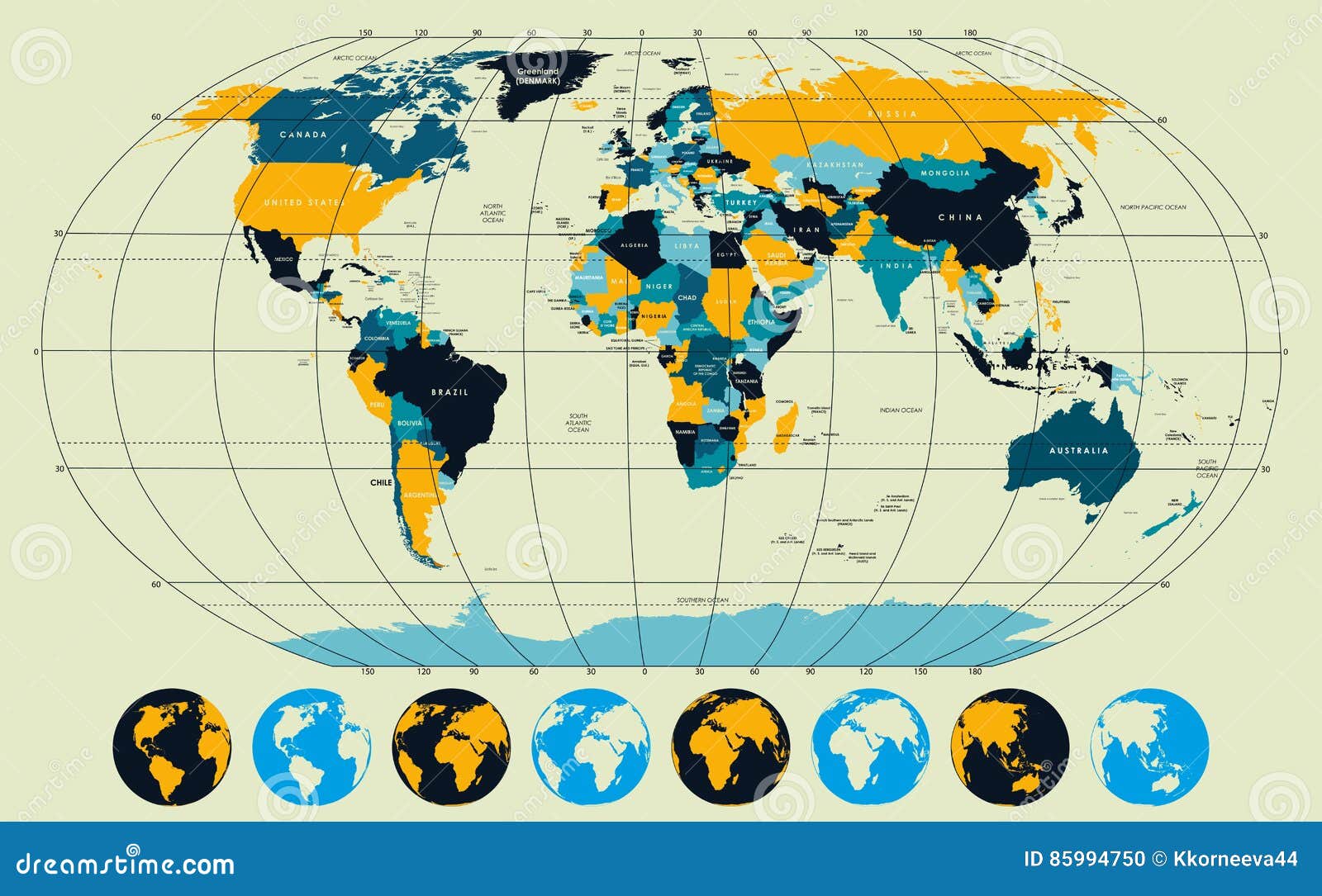 High Detailed World Map Meridians Parallels Vector Illustration 85994750 