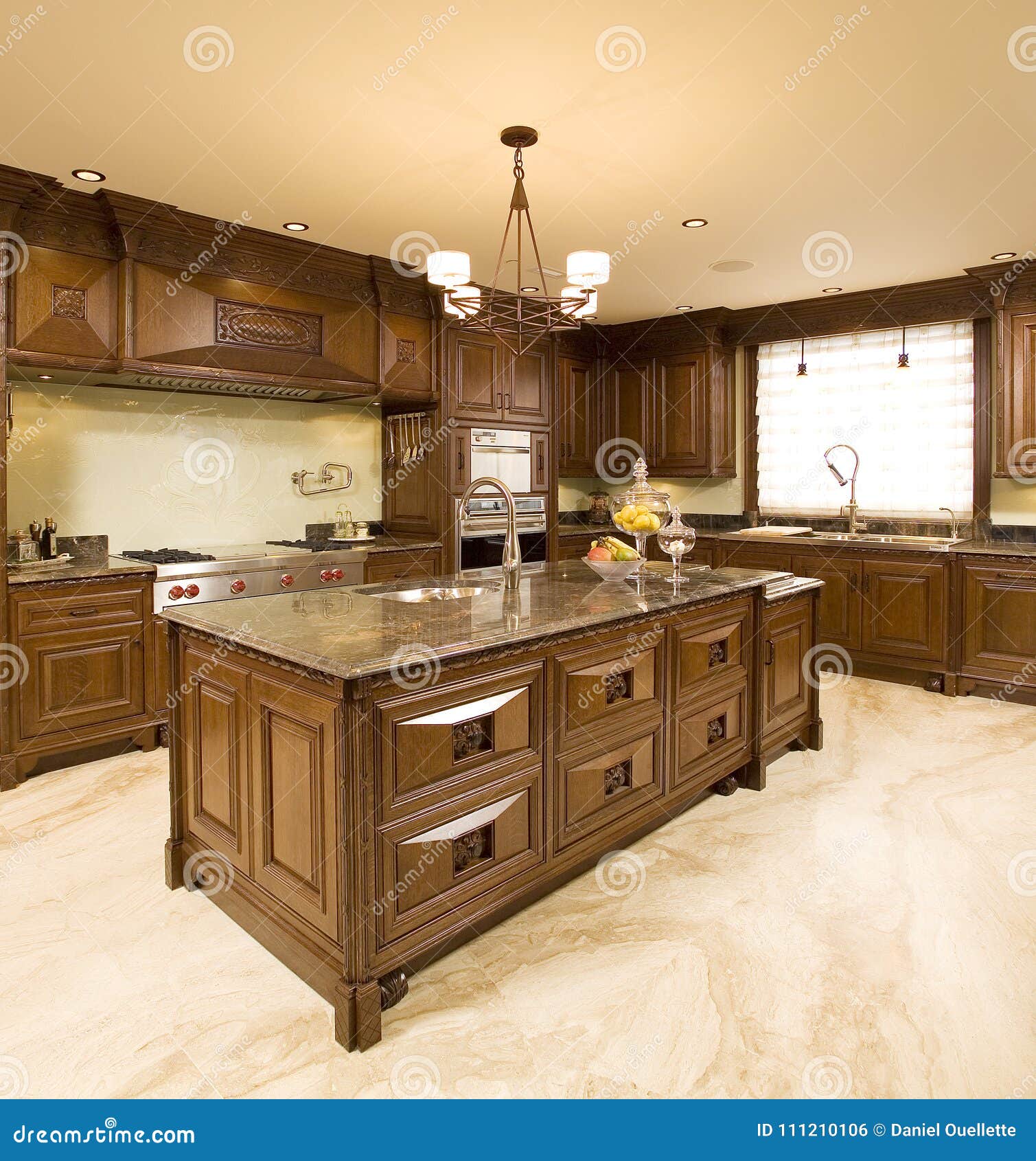 High End Brown Wooden Kitchen With Granite Top Stock Photo Image
