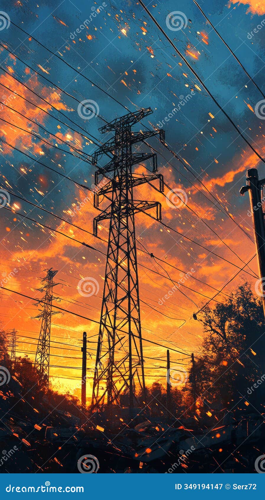 high-energy electric lines strung across tall steel towers, set against a vibrant sunset sky with warm hues of orange