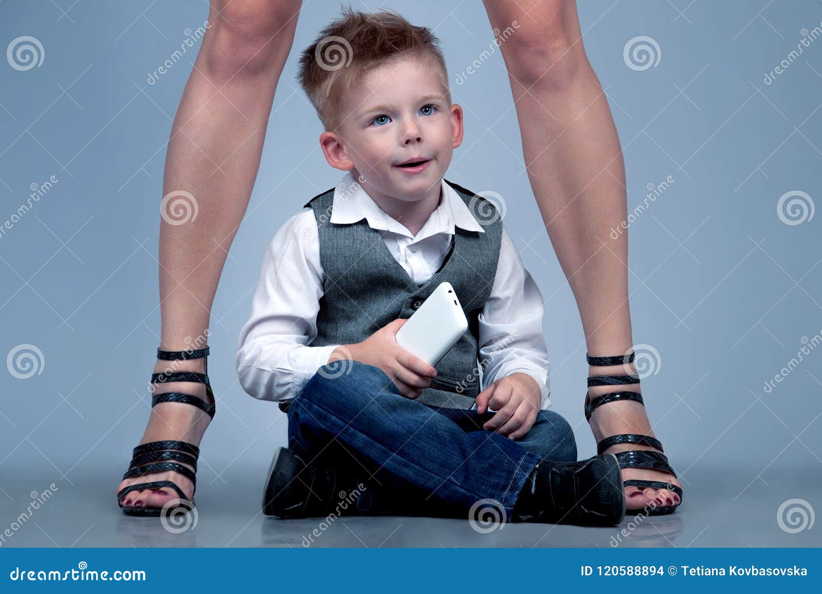 High Heels Family Concept. Stylish Baby Boy Standing with His Fa ...