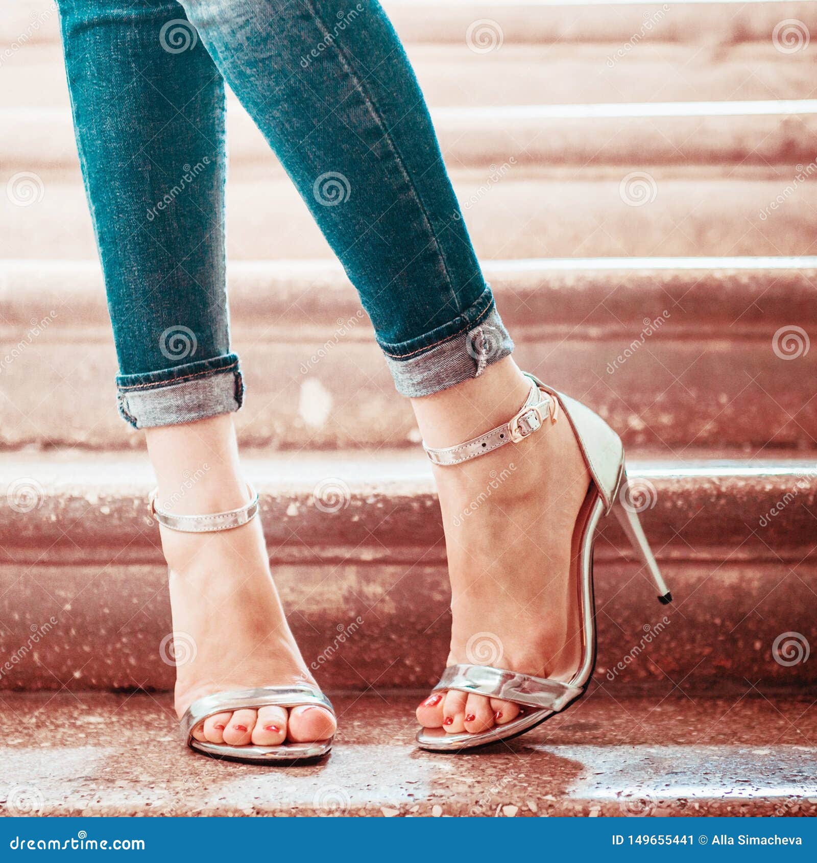 Woman Wearing Jeans and High Heel Shoes in Old Building Stock Image ...