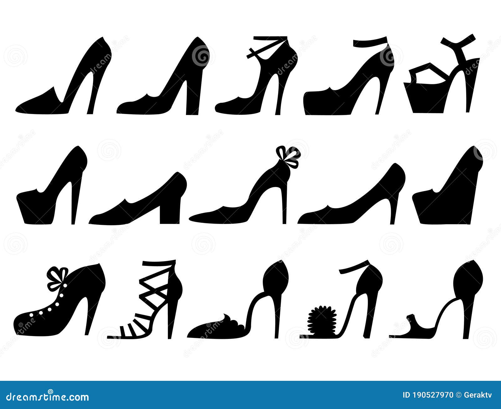 high heels shoes. set women shoes black silhouette flat style 