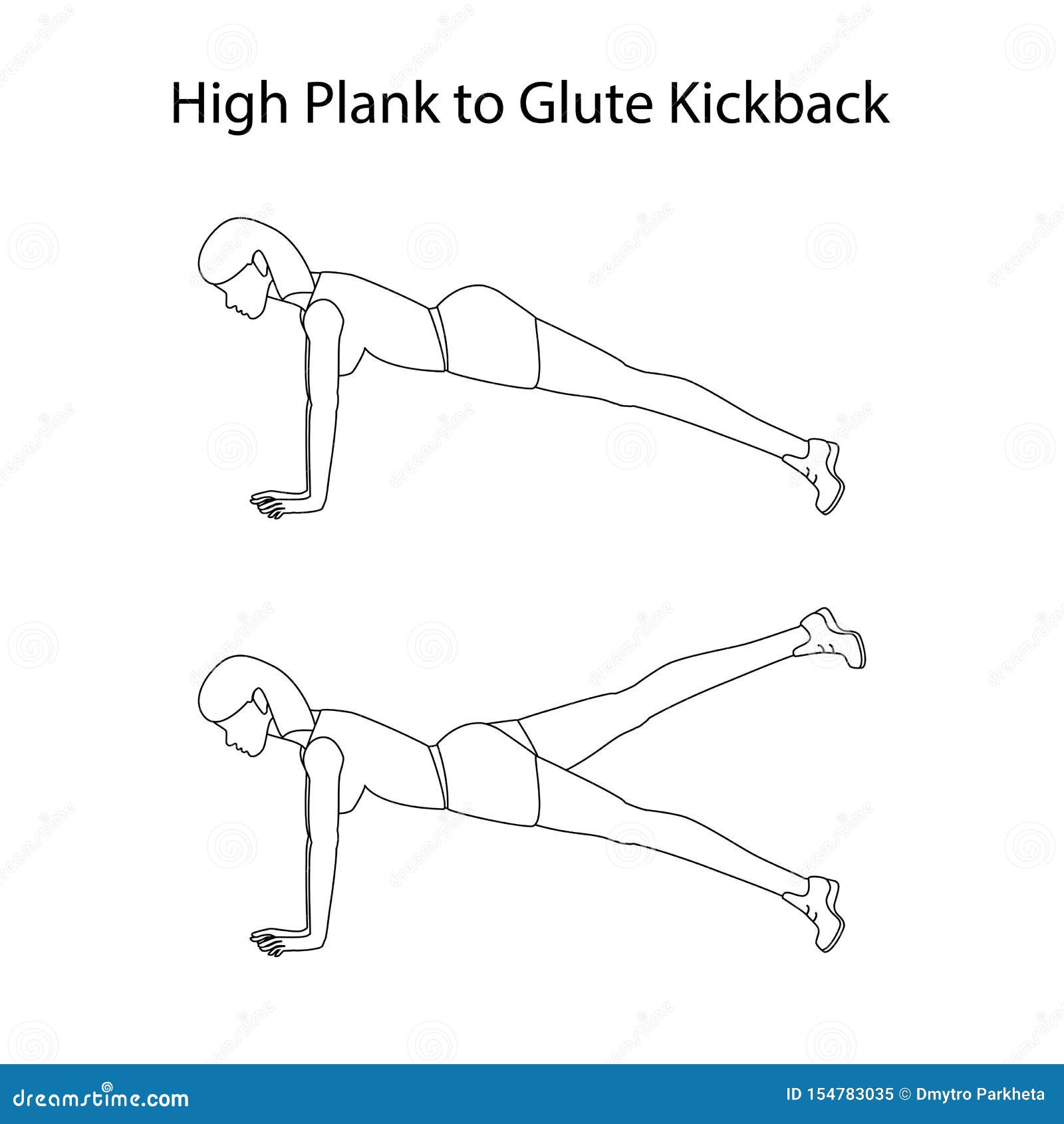 High Plank To Glute Kickback Exercise Outline Stock Vector
