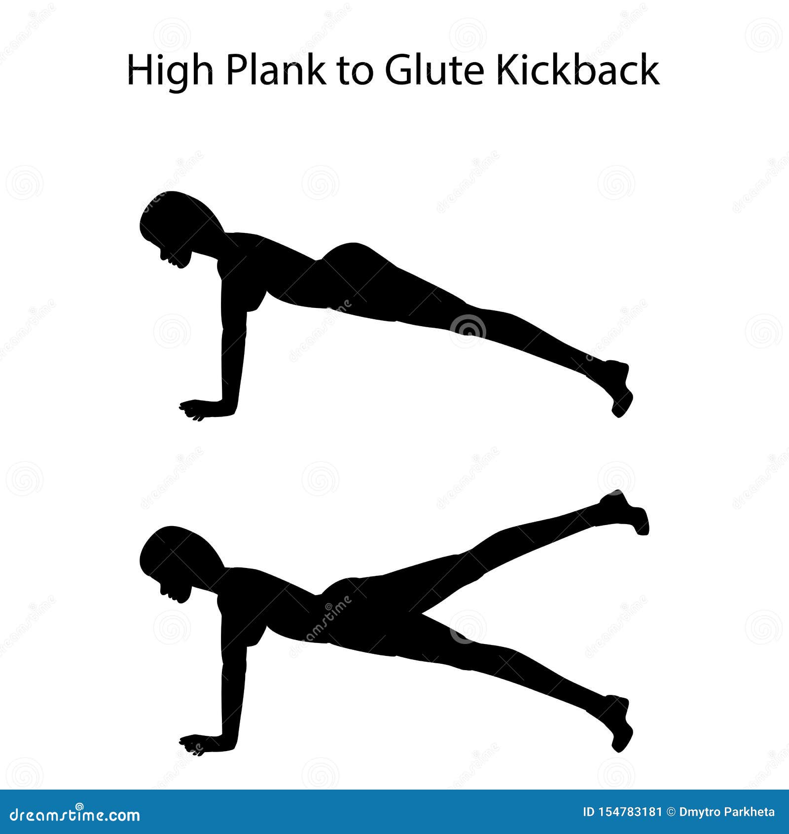 High Plank To Glute Kickback Exercise Silhouette Stock Vector