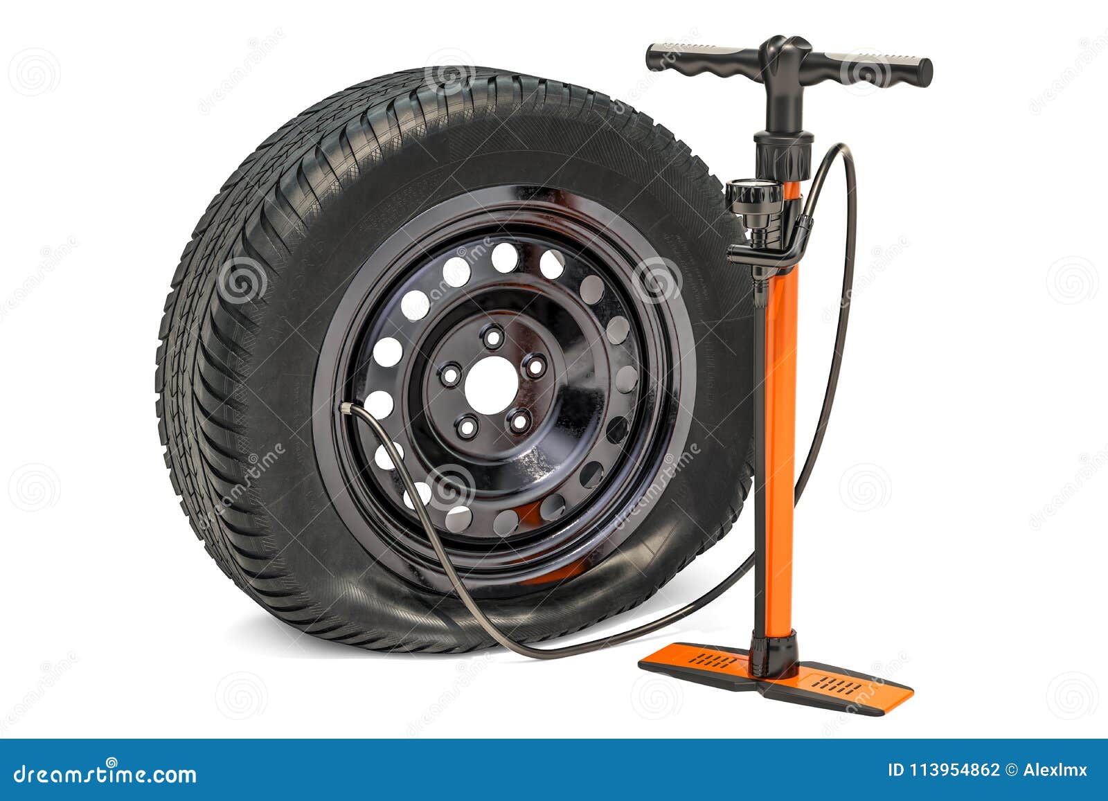 High Pressure Hand Pump With Puncture Car Wheel 3d Rendering