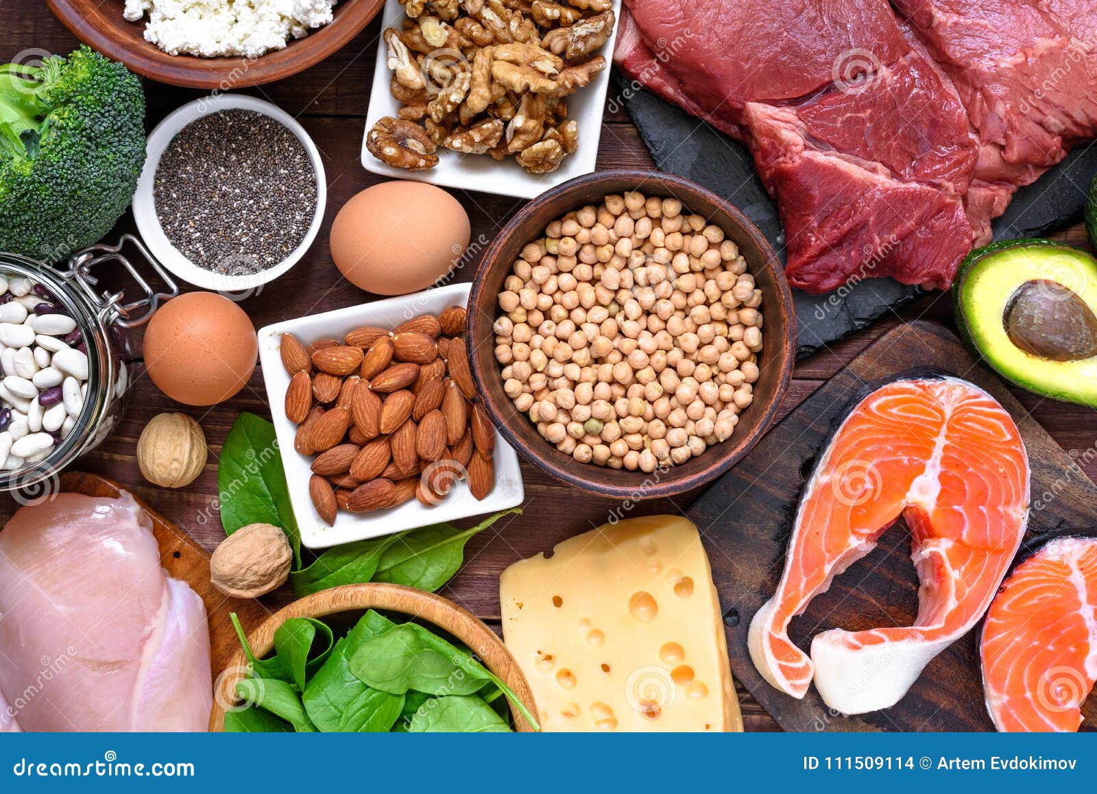 high protein food - fish, meat, poultry, nuts, eggs and vegetables. healthy eating and diet concept