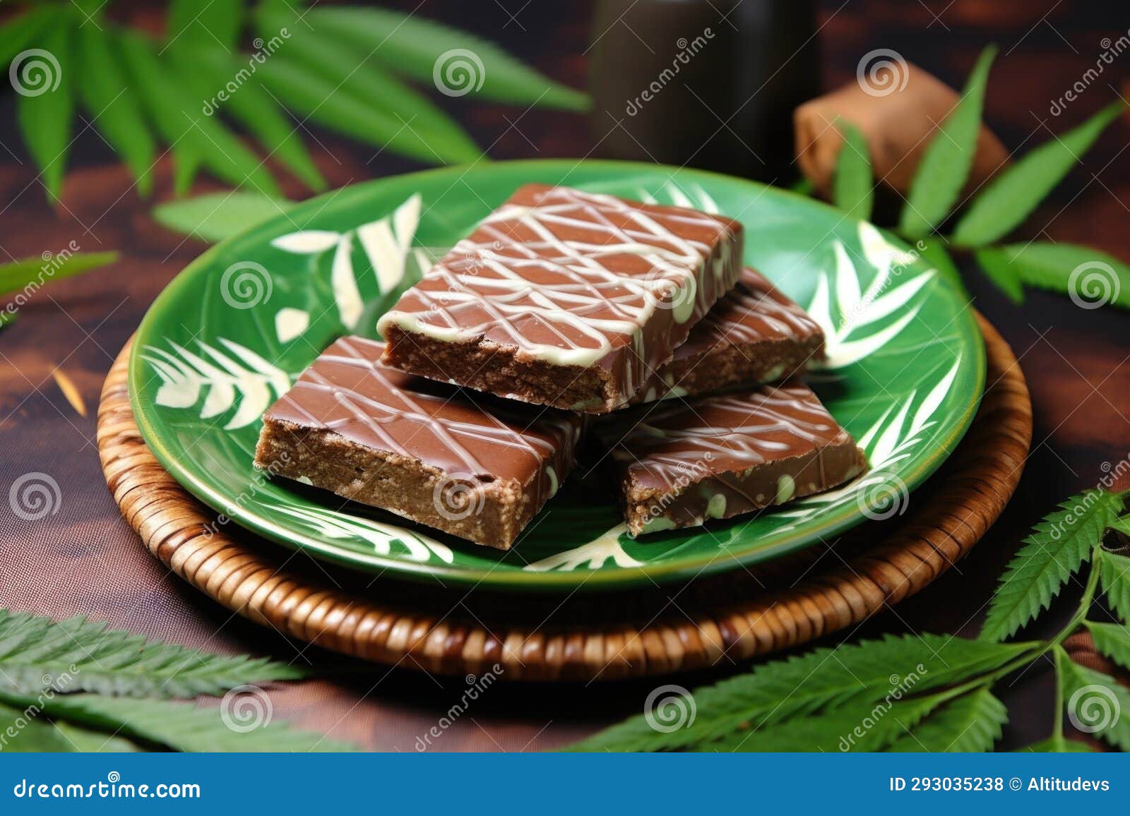 High Protein Vegan Bars on a Green Leaf Pattern Plate Stock Photo