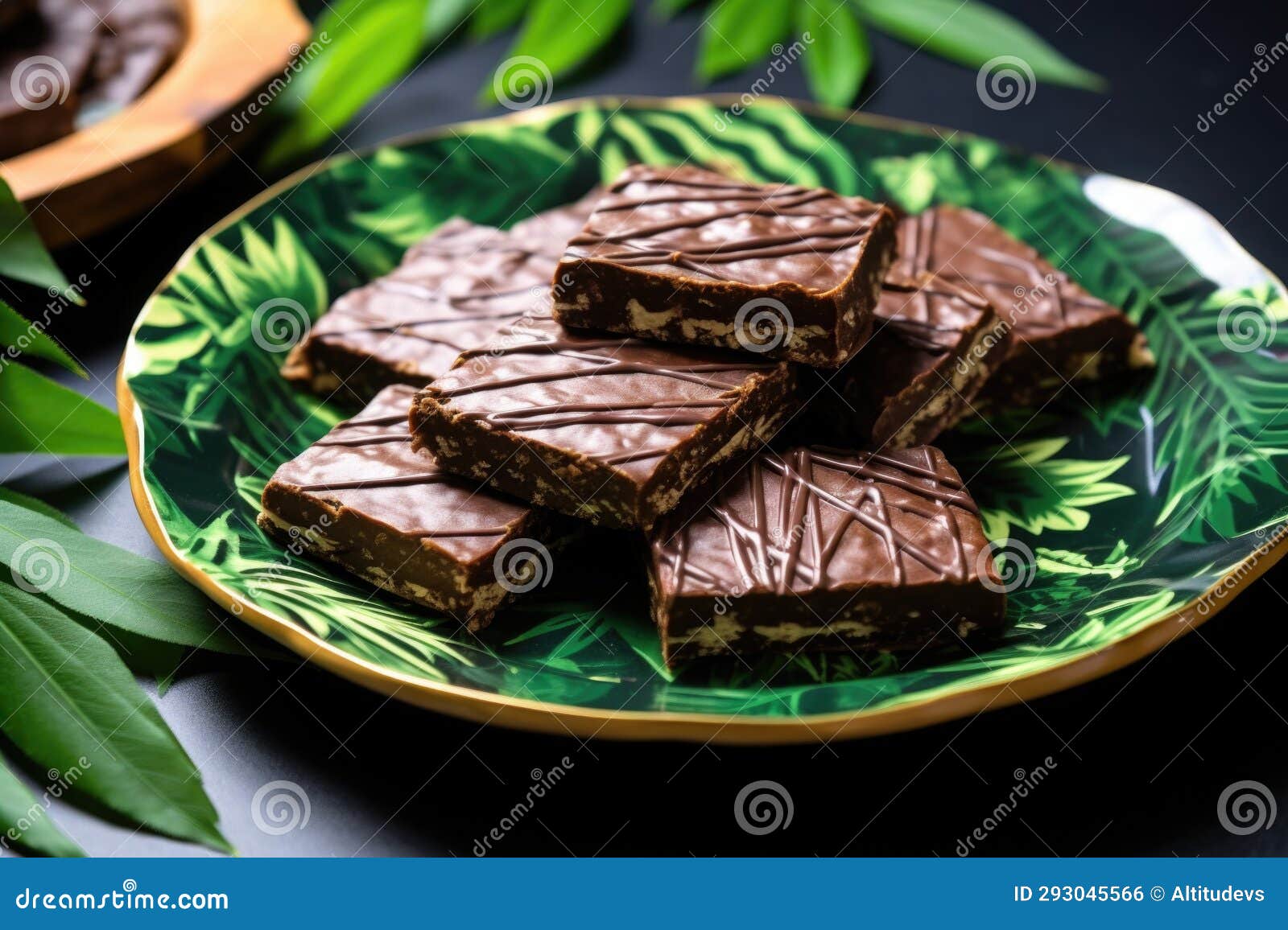 High Protein Vegan Bars on a Green Leaf Pattern Plate Stock Photo