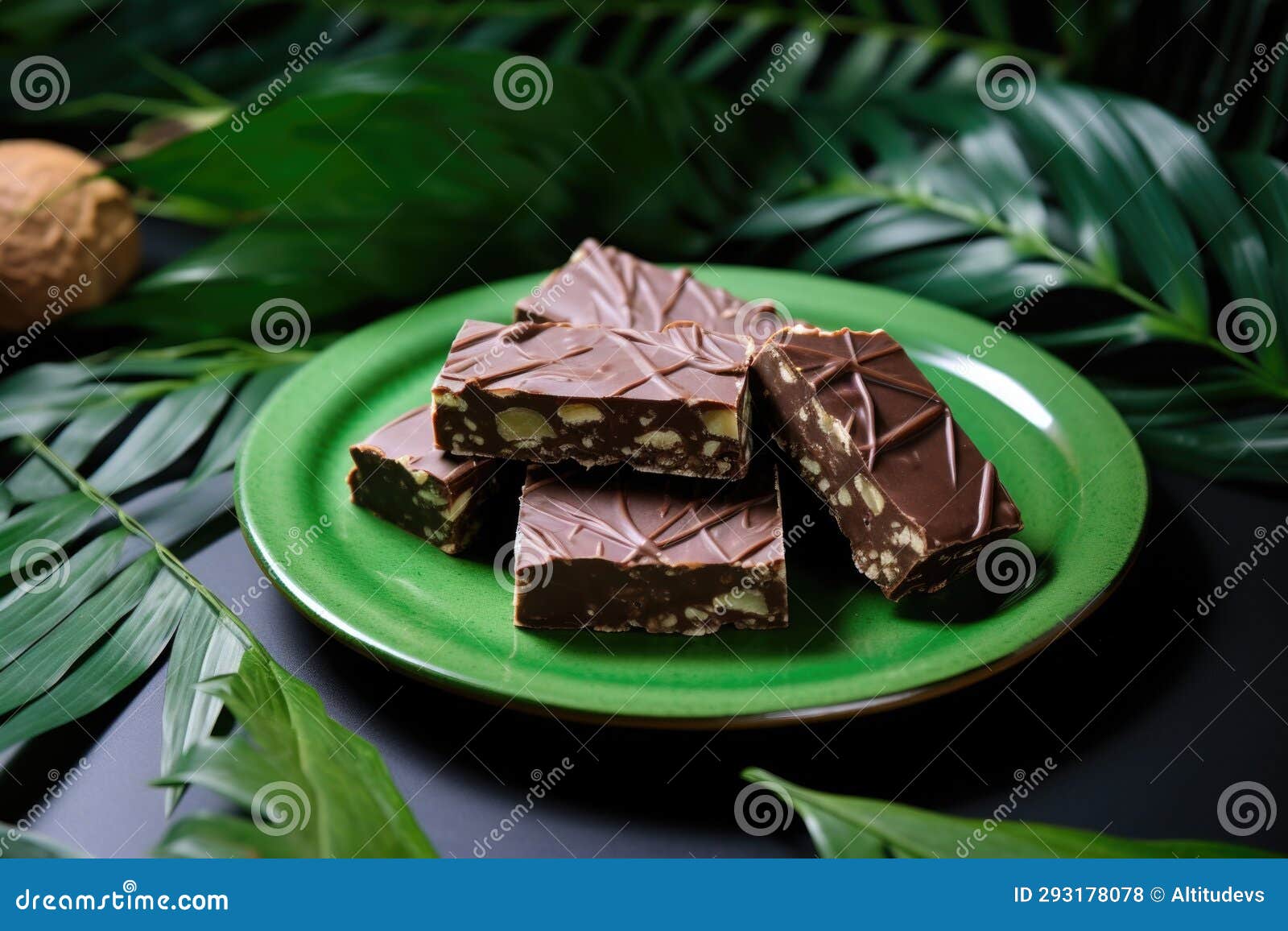 High Protein Vegan Bars on a Green Leaf Pattern Plate Stock Photo
