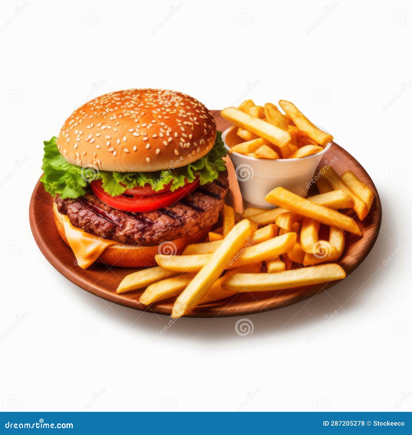high quality 2d hamburger and chips on wooden plate