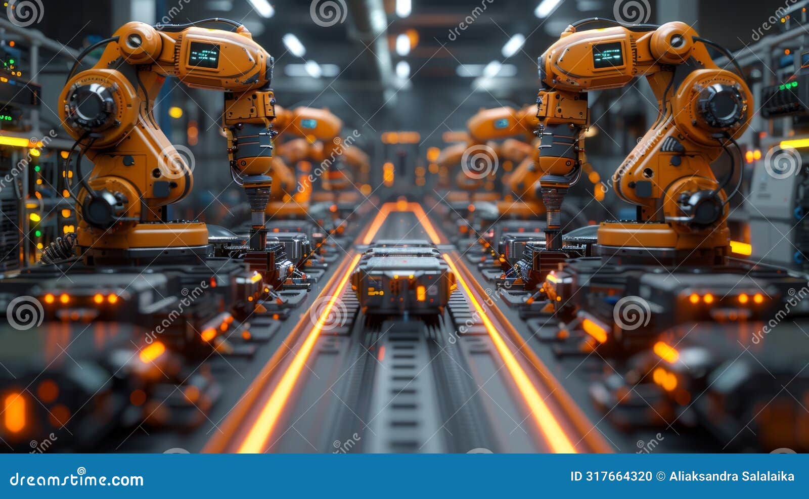 a factory equipped with robotic arms assembling a robot illustrates advancements in technology and automation