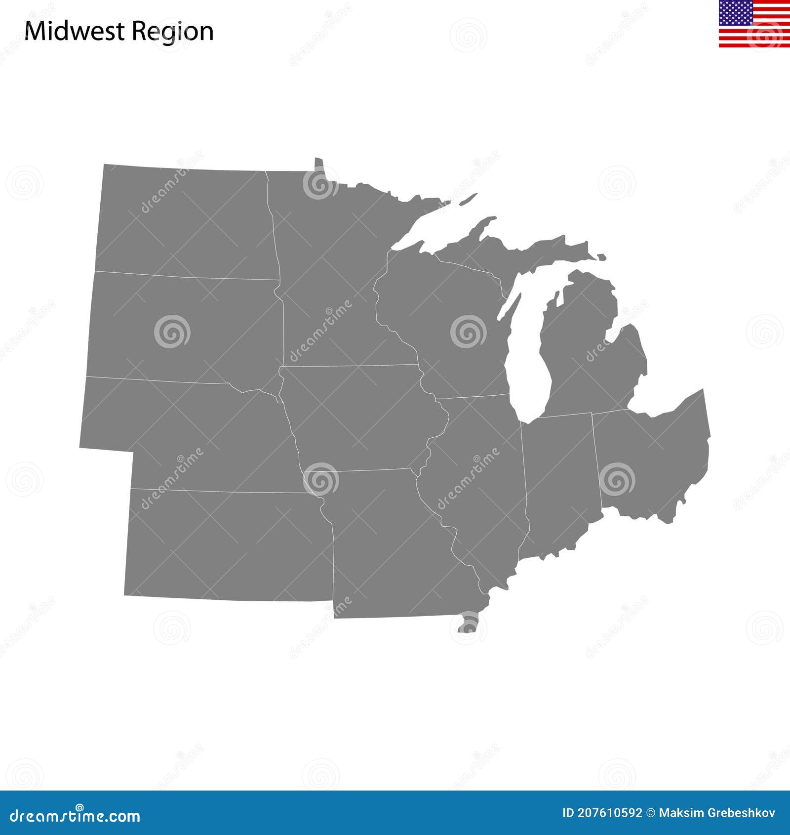 High Quality Map Of Midwest Region Of United States Of America With High Quality Map Midwest Region United States America Borders States High Quality Map Midwest Region 207610592