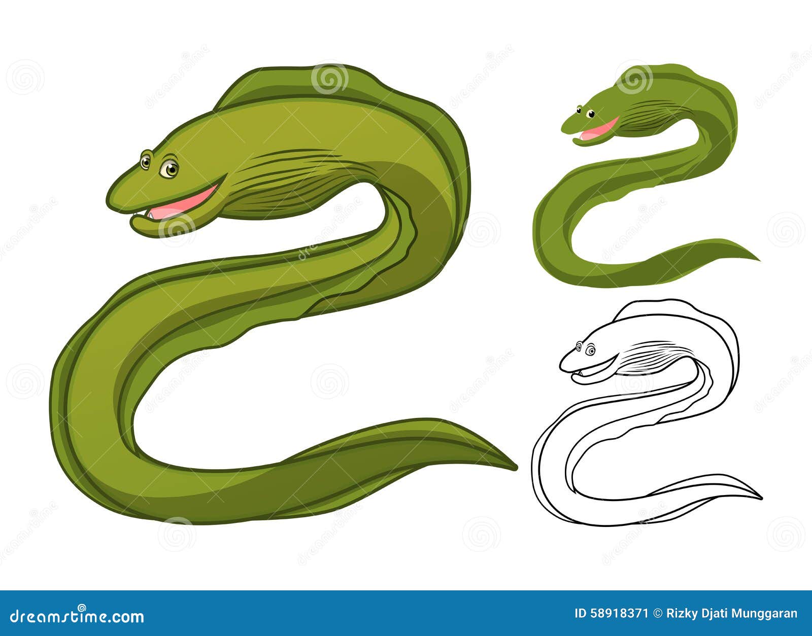 Sea Moray Eel Cartoon Character. Terrible Fish With Long Tail And Spots