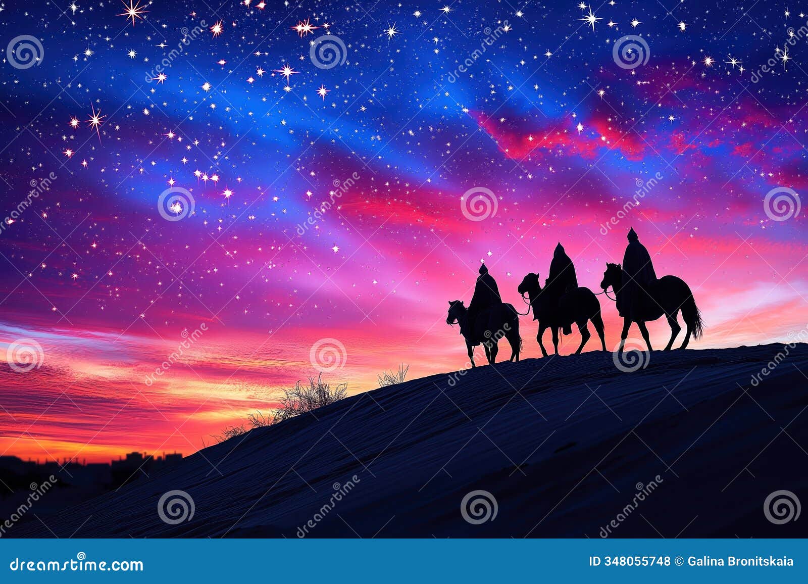 a high-quality stock image of the nativity scene, with the three kings in the background