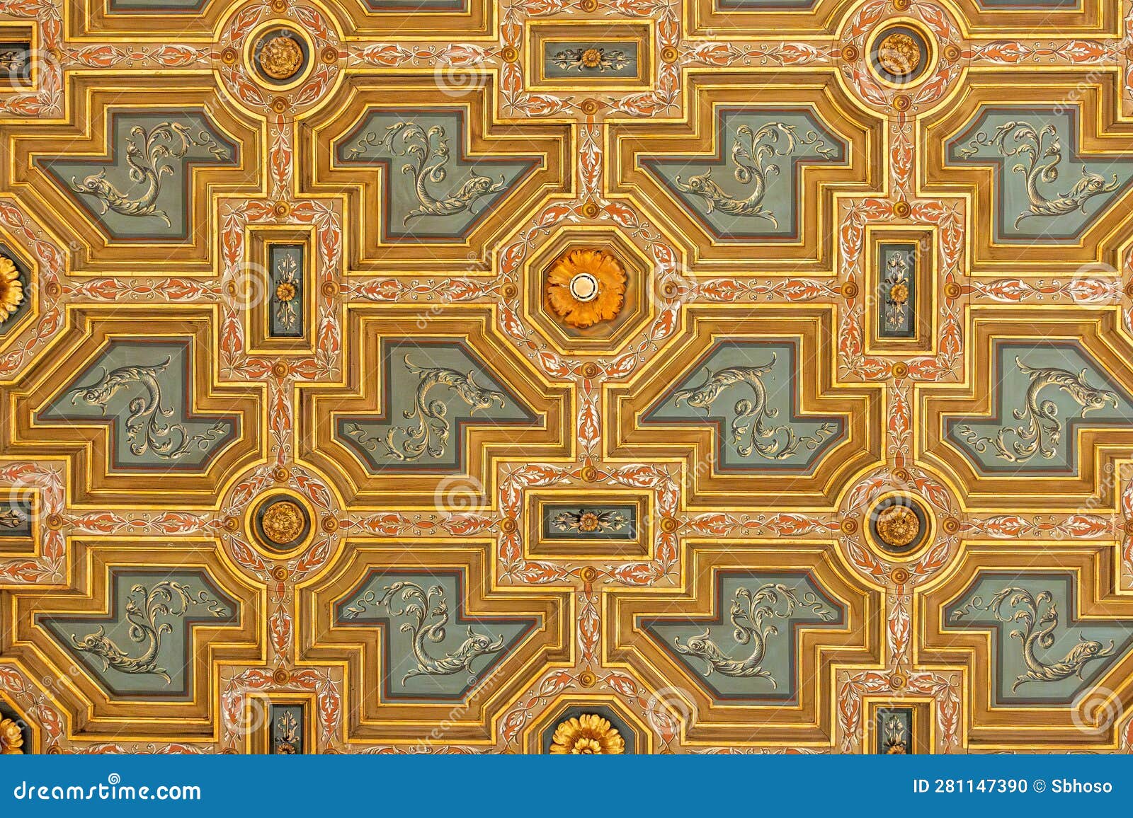 high res vibrant geometrical multi color patterned and detailed painted ceiling close up