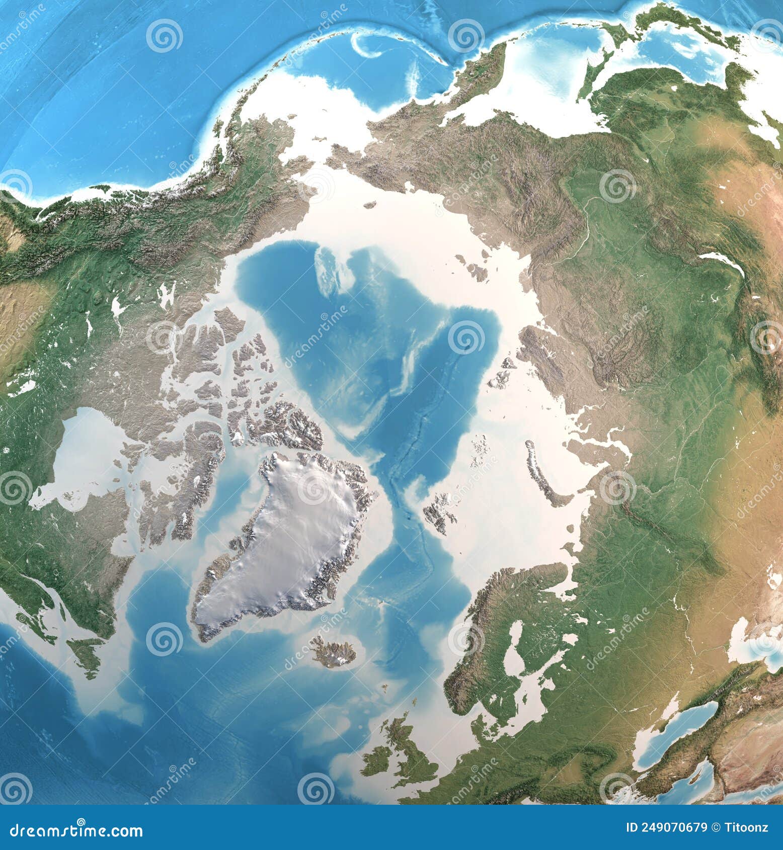High Resolution Detailed Map of North Pole, Arctic Ocean and Greenland