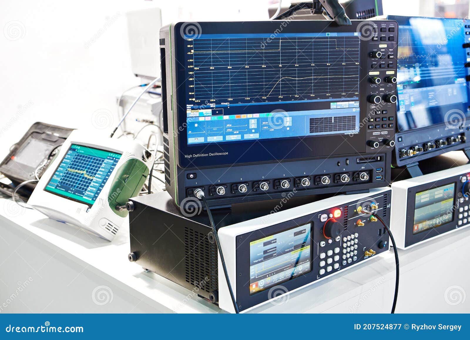 Highresolution Digital Oscilloscope and Electronic Devices Stock Image