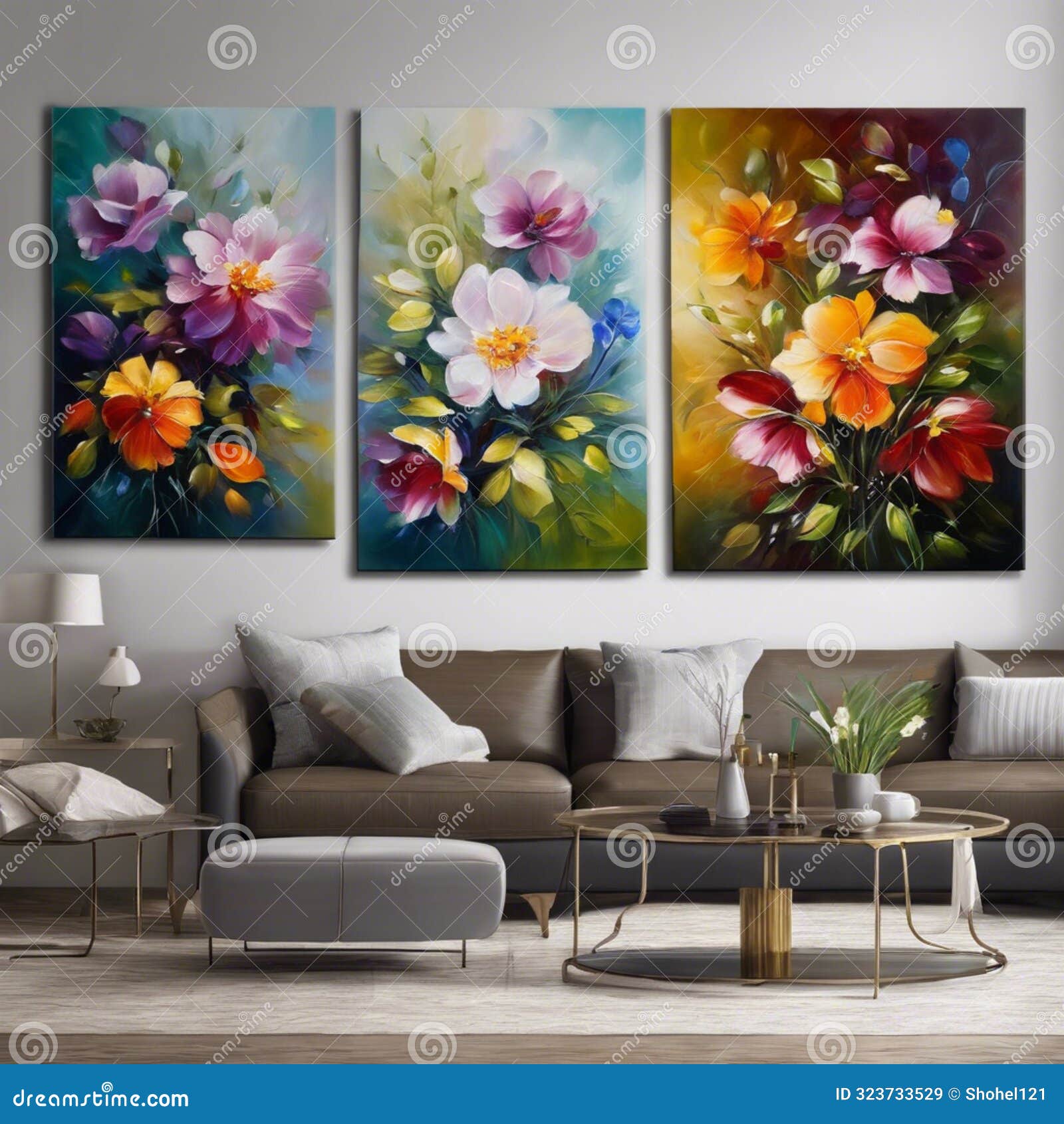 opulent blooms: realistic oil painting of vibrant flowers in an elegant interior