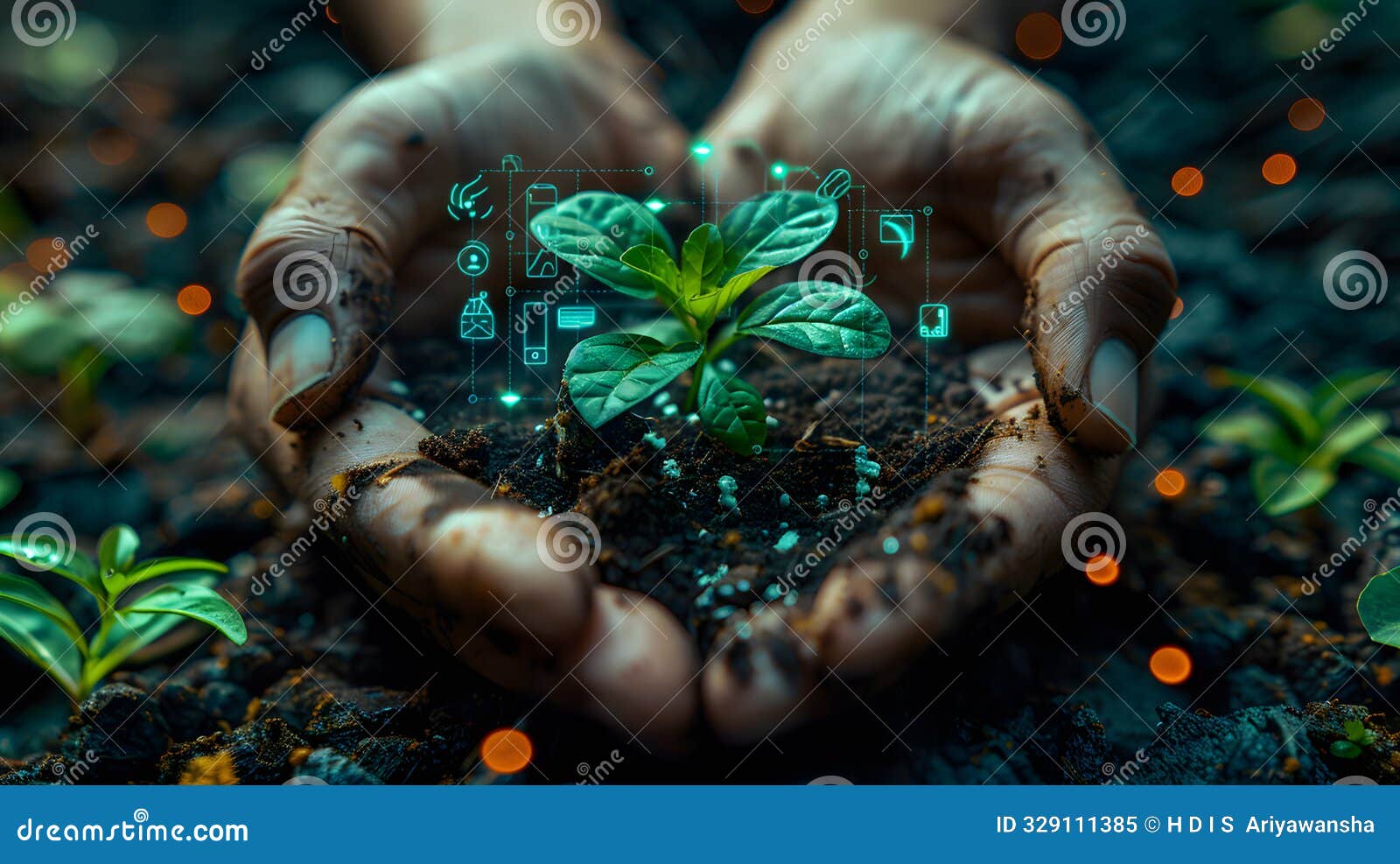 hands gently holding seedling with futuristic digital overlay