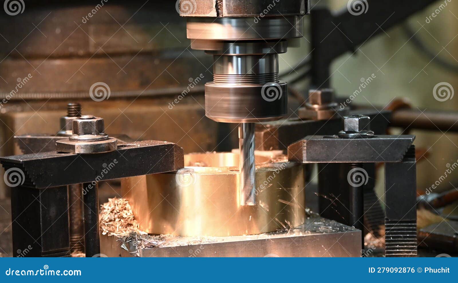 High Resolution the Plunge Milling Process the Brass Ring Part on NC Milling Machine Stock