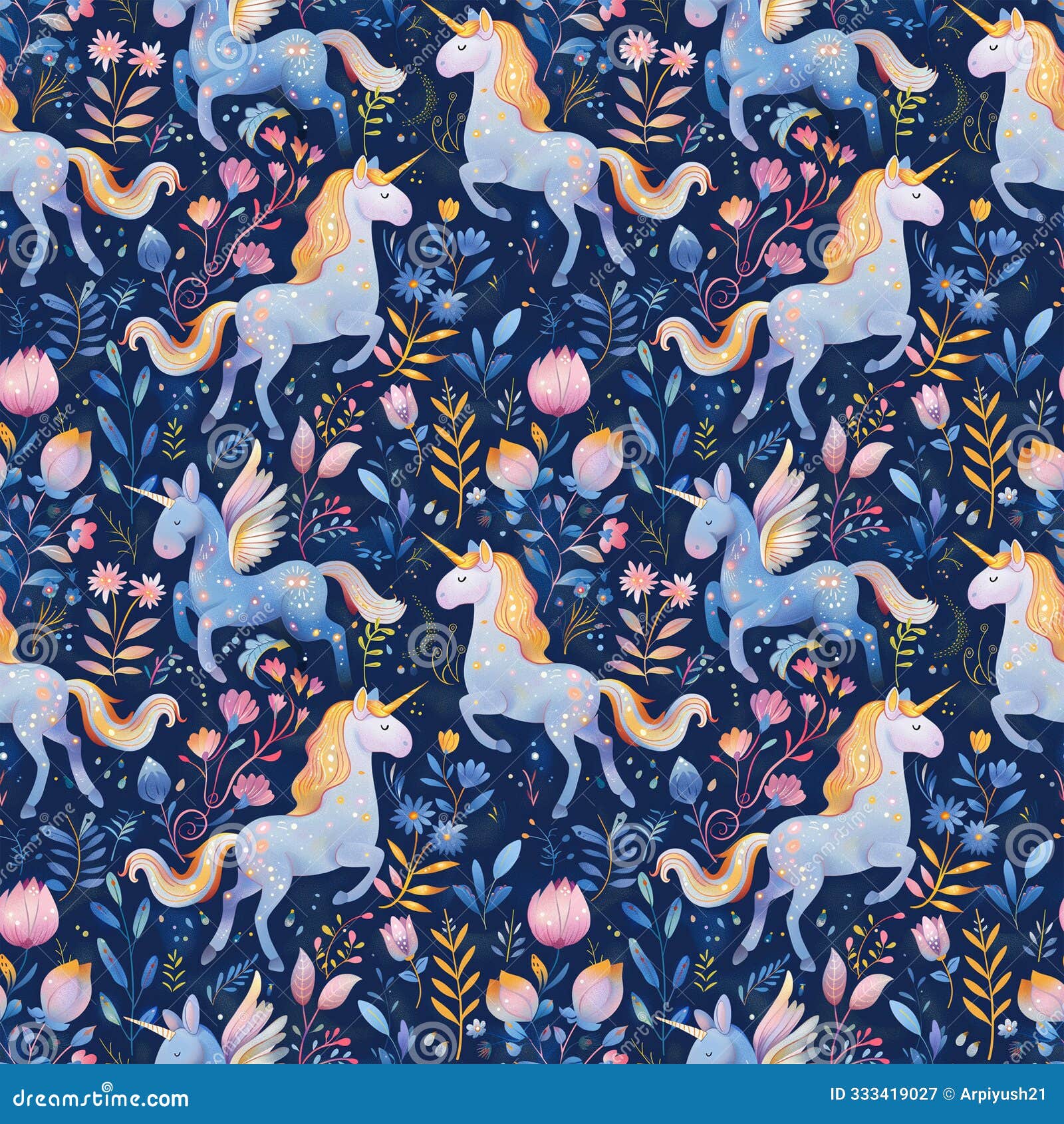 intricate fantasy floral seamless pattern with pastel unicorns, dragons, and glowing fairy lights