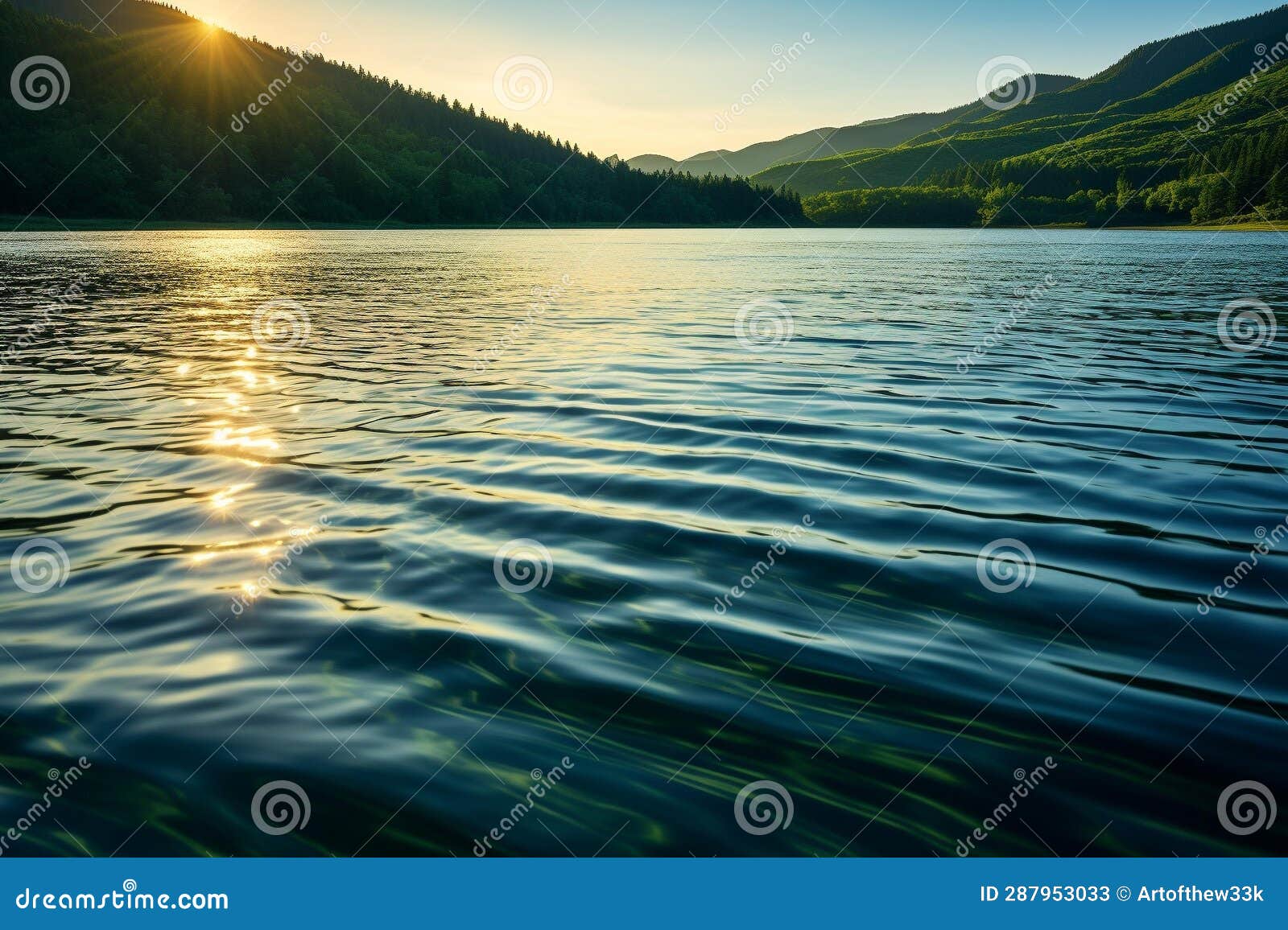 tranquil waters: serene lake with calming ripples and verdant mountains