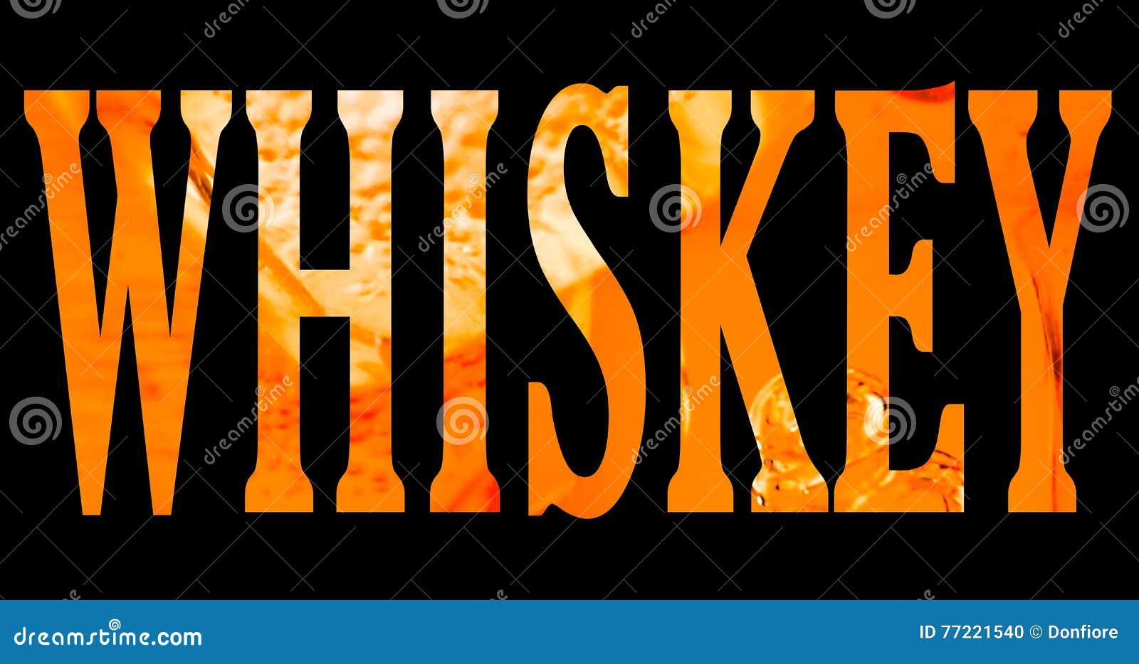 High Resolution Text with Word Whiskey Shape Filled with Whisky Stock