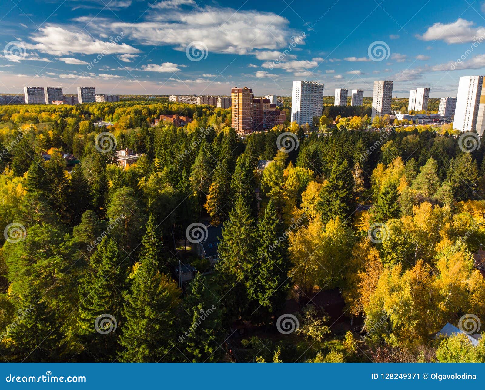 High-rise City Houses Surrounded by Autumn Forest in Russia in Moscow