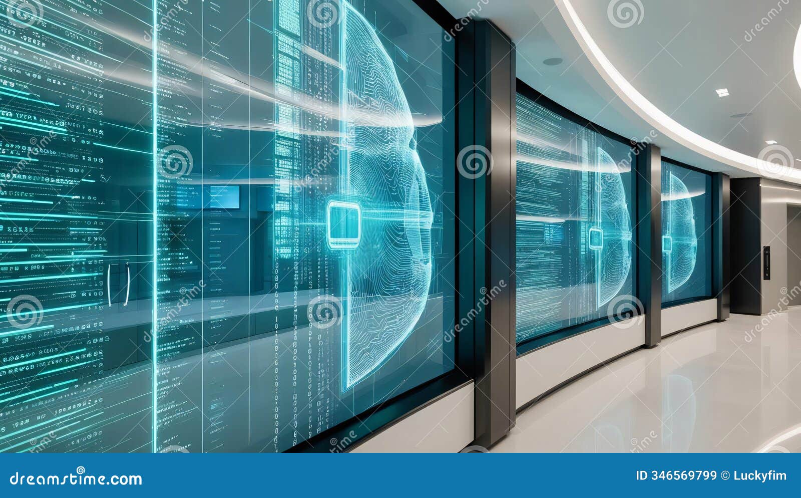 high security facility with biometric data analysis and hologram display, showcasing digital code layers in modern environment.