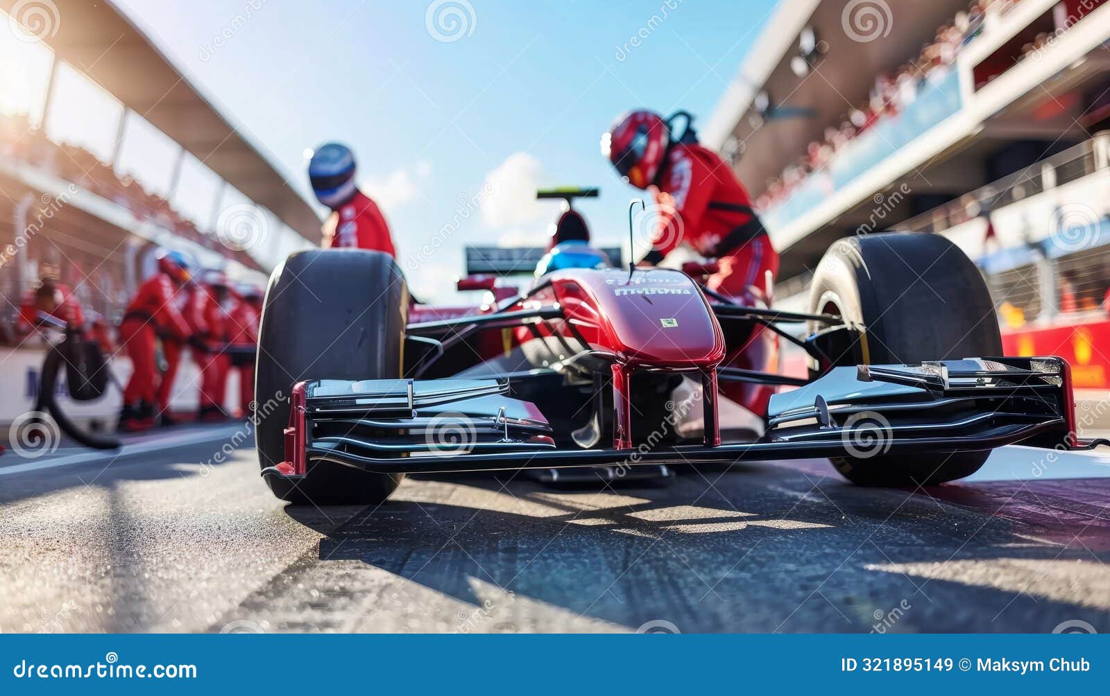 high speed formula one pit stop red jumpsuit crew demonstrates teamwork in racing competition