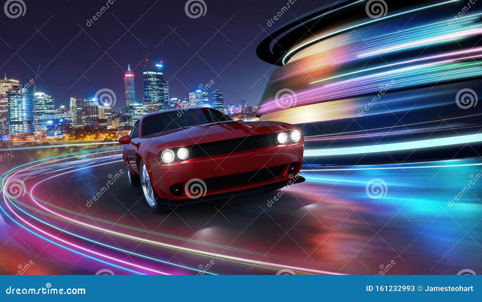 high speed generic red sports car driving in the city