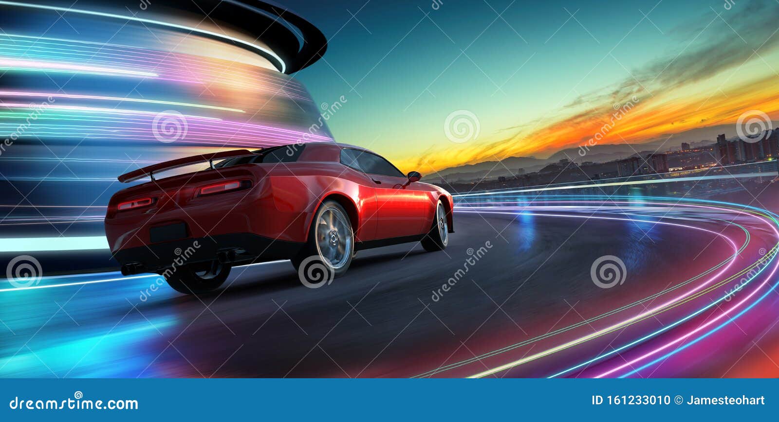 high speed generic red sports car driving in the city